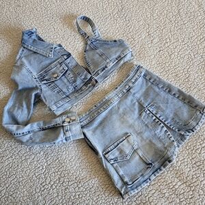 Light Wash Denim Crop Jacket and Skirts Set Size S